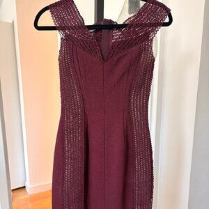 NICHOLAS Burgundy Mesh Panel Midi Dress | Bodycon Cocktail Wedding Guest - US 0